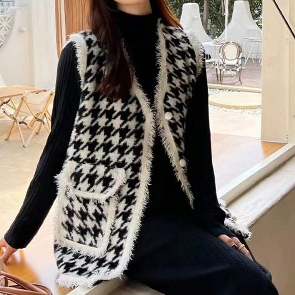 . Jackets & Blazers - Multicolor Preppy Womens Houndstooth Pattern Raw Trim Dual Pocket Sweater Vest
